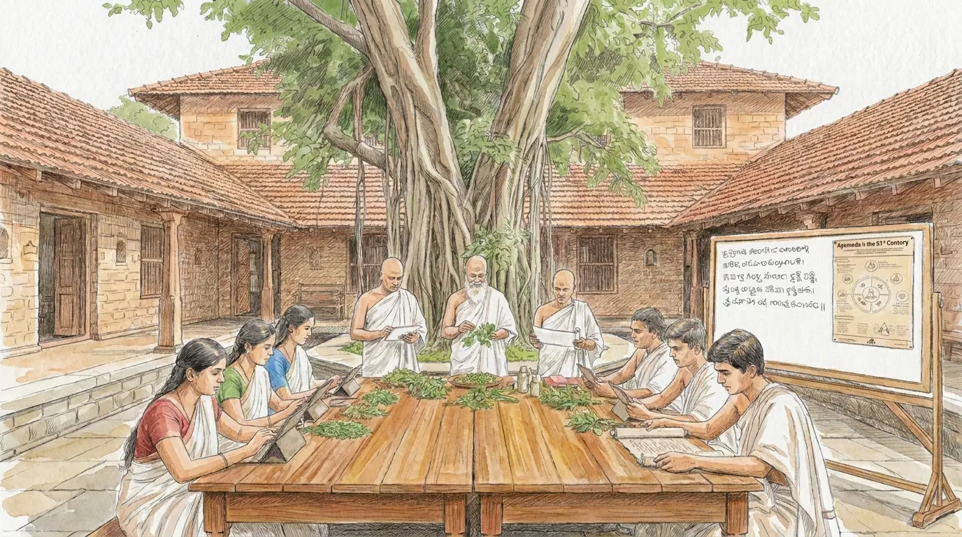 Maestri e allievi di un'antica scuola ayurvedica riuniti attorno a un lungo tavolo di legno con erbe medicinali, all'ombra di un grande albero in un cortile tradizionale indiano