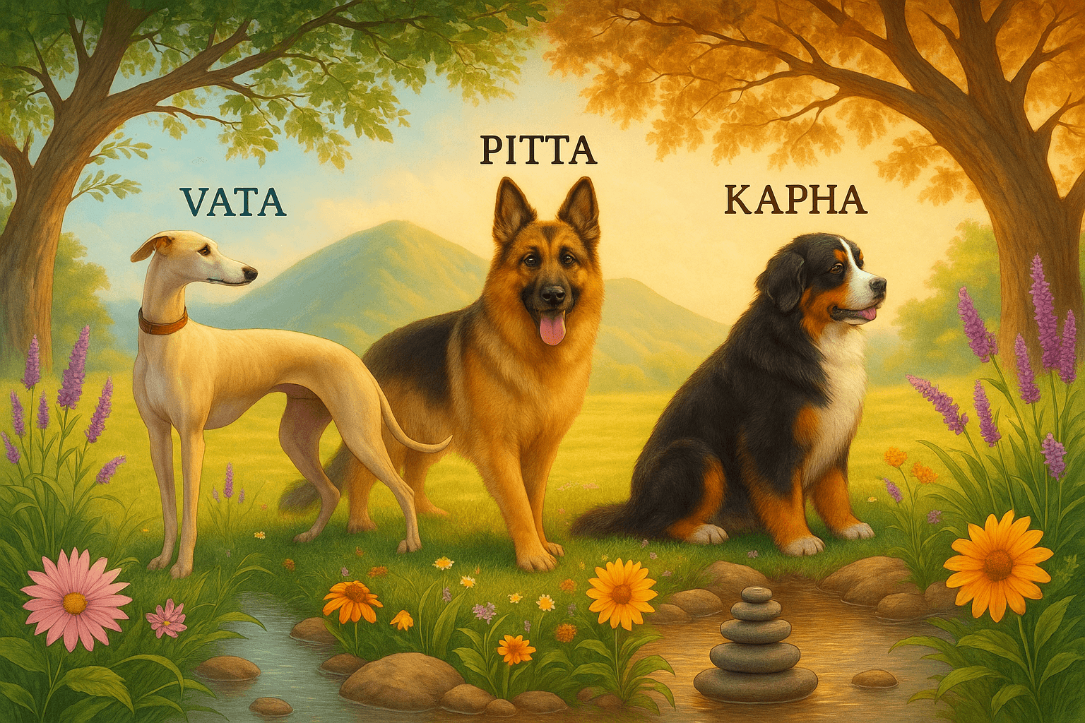 disegno di 3 cani con diverse costituzioni ayurvediche (Vata, Kapha e Pitta) | Ayurvedic Pont©, Milano