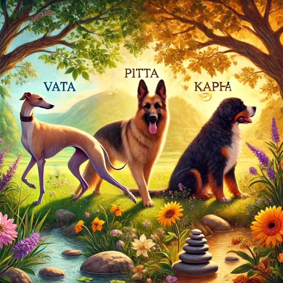 disegno di 3 cani con diverse costituzioni ayurvediche (Vata, Kapha e Pitta) | Ayurvedic Pont©, Milano