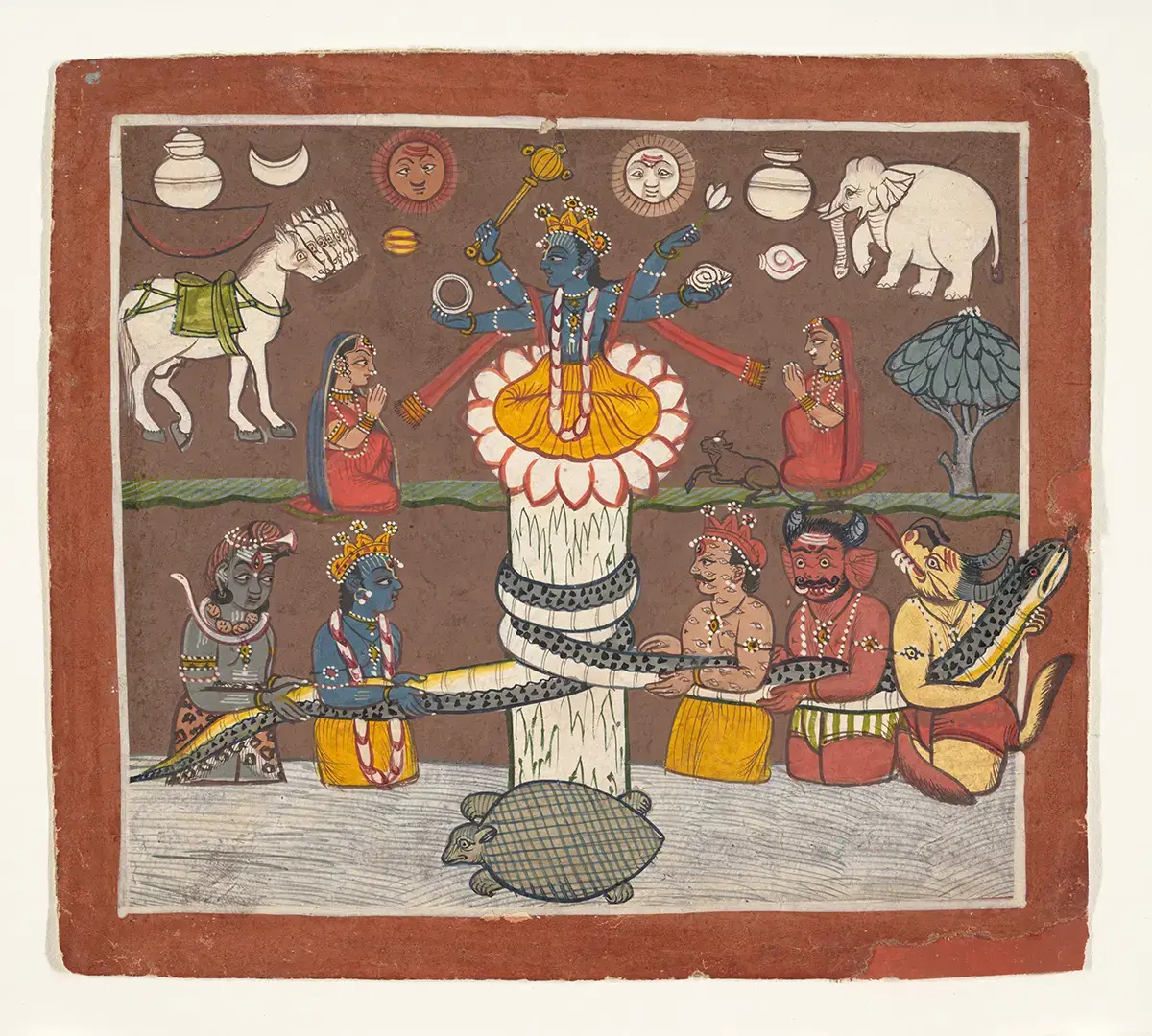 Miniatura indiana del XVIII secolo: il mito del Samudra Manthan con dèi e demoni che agitano l’oceano di latte