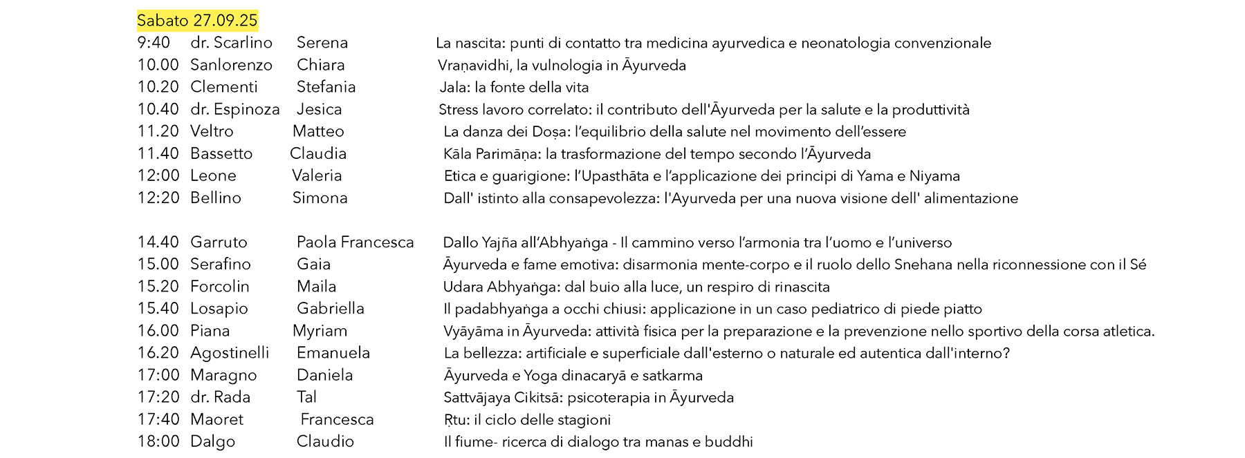 Elenco delle tesi tecnici e medici in Ayurveda presentate il 27 sett 2025 | Ayurvedic Point©, Milano 