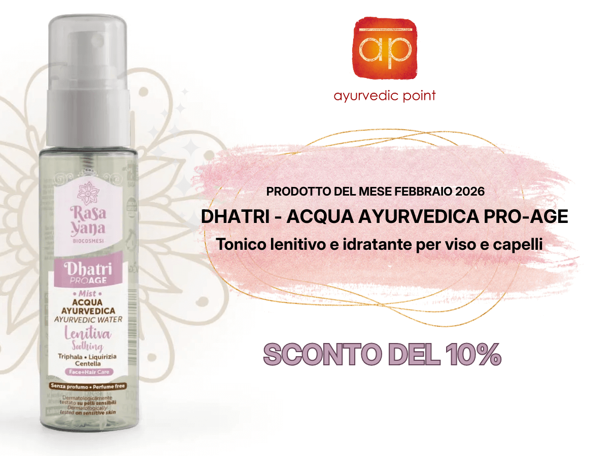 Dhatri Acqua Ayurvedica Pro-Age Rasayana Bio, prodotto del mese febbraio 2026, tonico lenitivo e idratante per viso e capelli