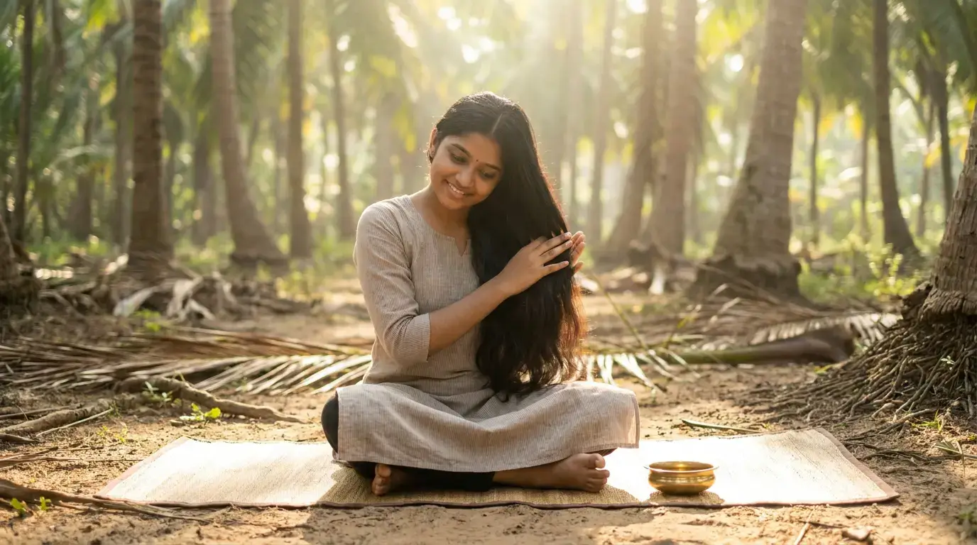 Applicazione di olio di cocco sui capelli – trattamento ayurvedico estivo per nutrire e rinfrescare