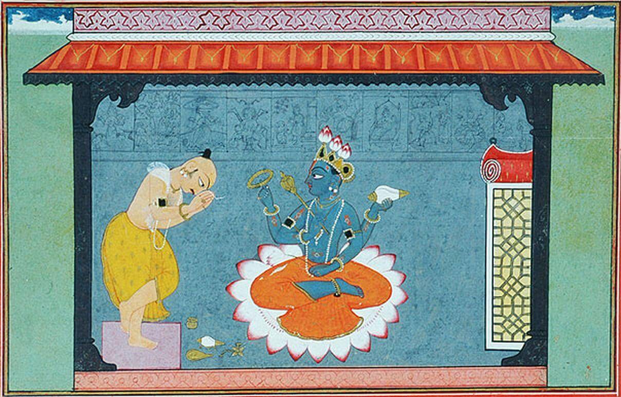 Dipinto: il poeta Jayadeva si inchina a Vishnu - Gouache su carta - 1730