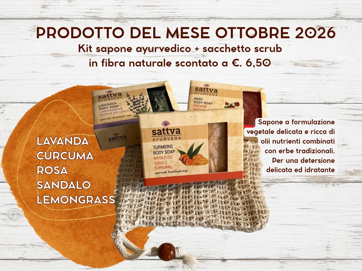 Kit sapone ayurvedico Sattva Ayurveda e sacchetto esfoliante in fibra naturale – prodotto del mese di ottobre 2026
